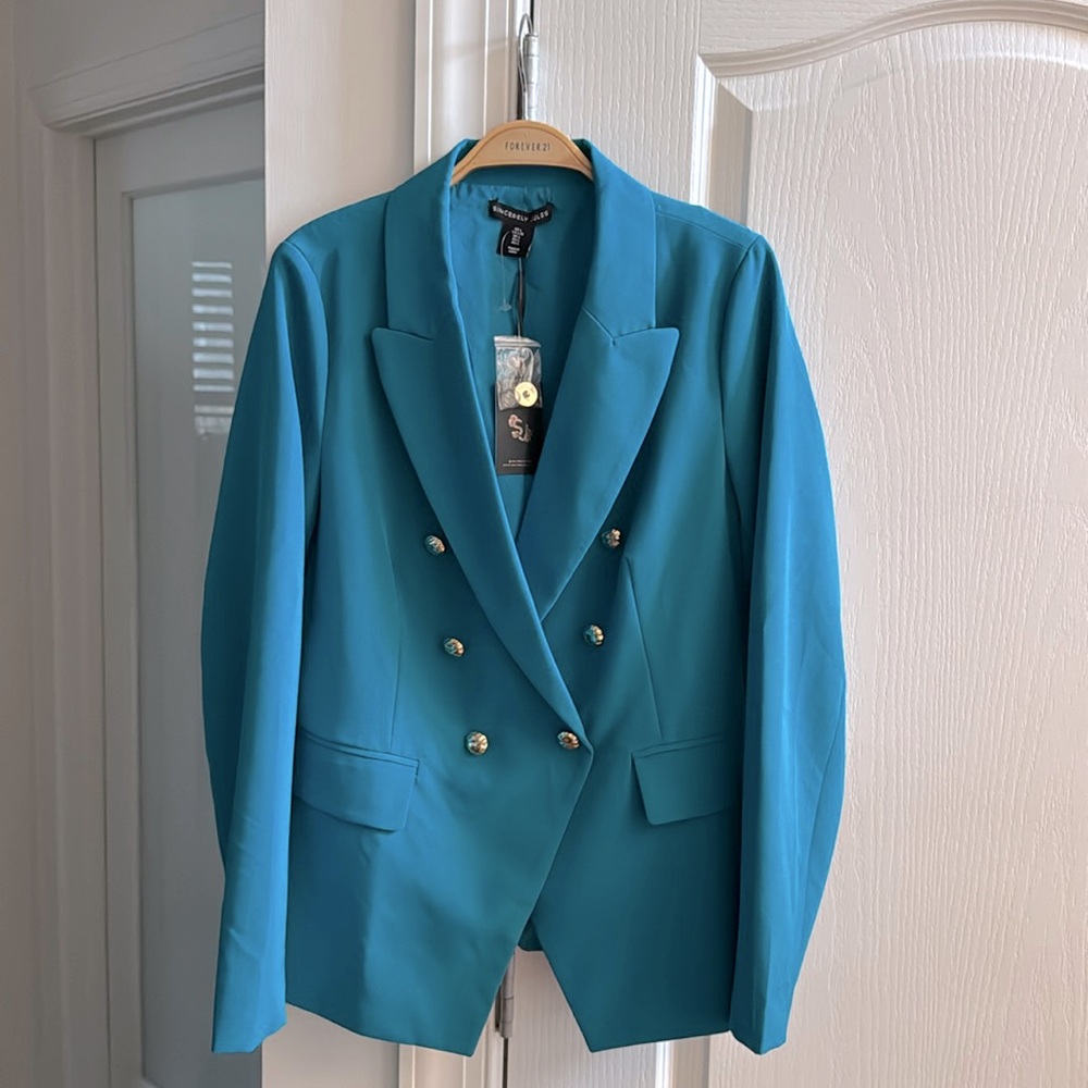 Sincerly Jules Teal Double-Breasted Blazer with Gold Buttons
